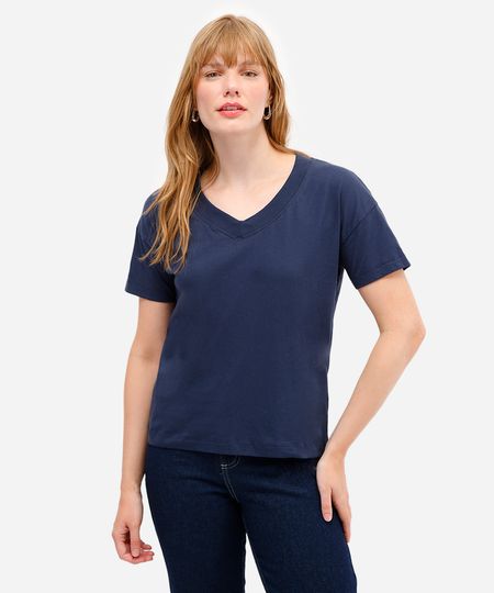 camiseta feminina de algodão decote v manga curta azul PP
