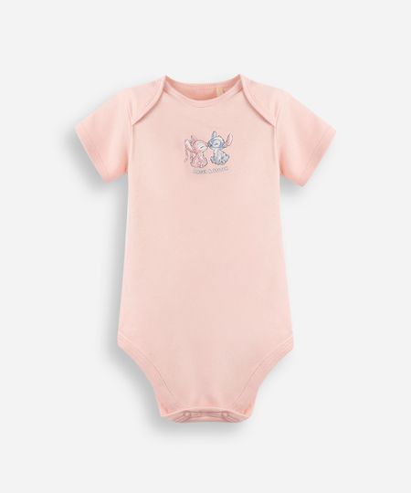 body de algodão infantil stitch e angel rosa 0-3