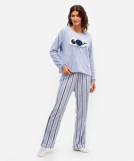 pijama longo feminino fleece com bordado stitch azul PP