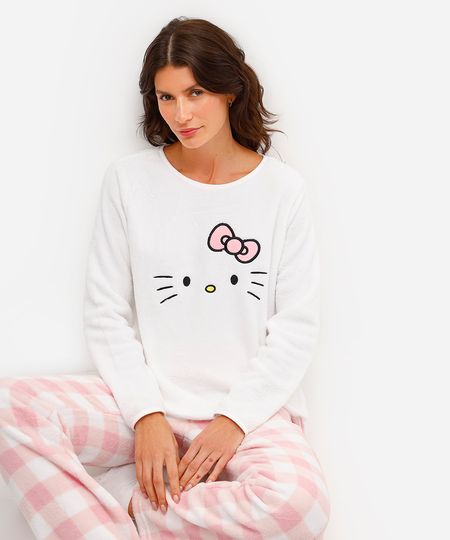 pijama longo feminino fleece com bordado hello kitty off white P