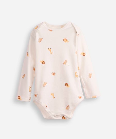 body infantil de algodão manga longa bichinhos off white 0-3