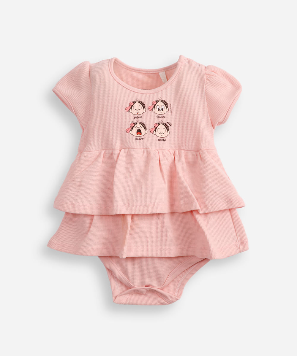 body vestido infantil manga curta turma da mônica rosa