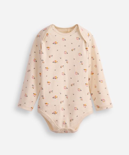 body infantil de algodão manga longa floral bege 3-6