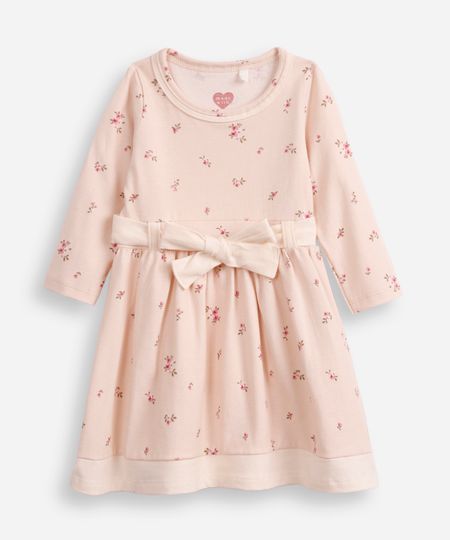 vestido infantil de algodão manga longa com faixa floral bege 1