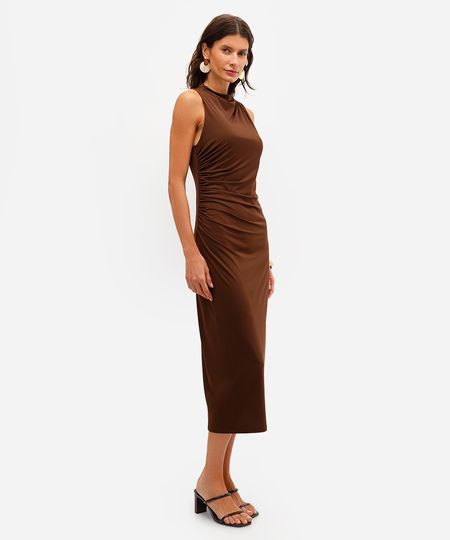 vestido midi feminino franzido com fenda marrom G