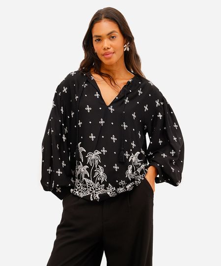 bata feminina de viscose folhagens preta M