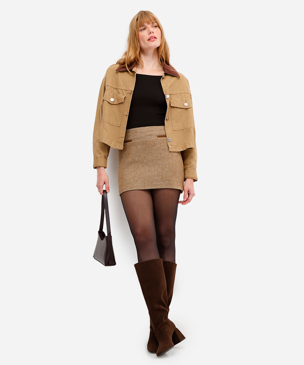 minissaia feminina texturizada chevron marrom