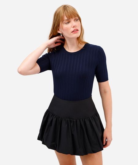 blusa de tricot canelada manga curta - marinho_escuro PP