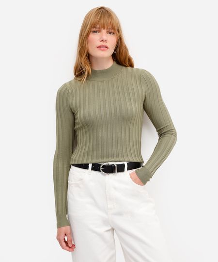 suéter de tricô canelado gola alta vermelho - verde mate M suéter de tricô canelado gola alta vermelho - verde mate M