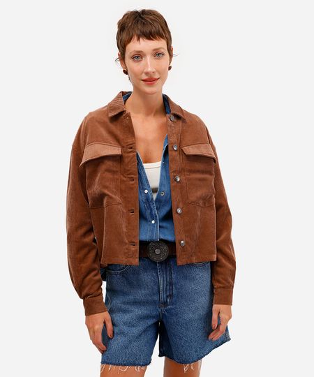 camisa feminina shacket com bolso oversized marrom G