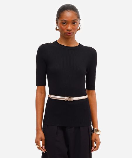 blusa feminina de tricot com botões canelada preta GG