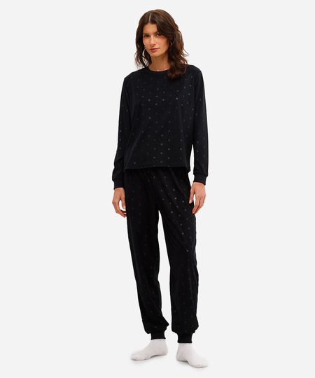 pijama longo feminino plush poá preto P