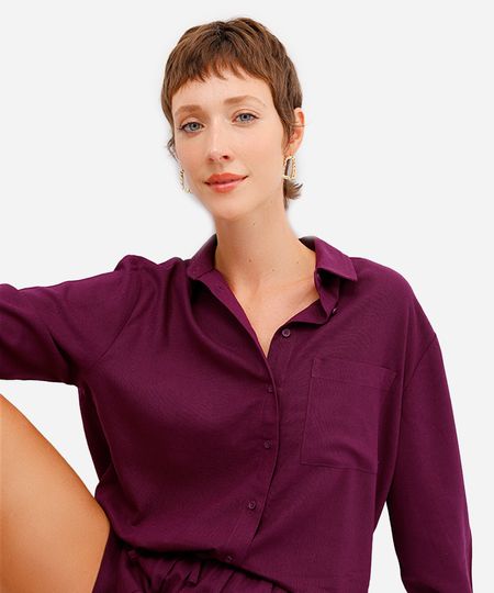 camisa oversized feminina com linho manga longa roxa GG