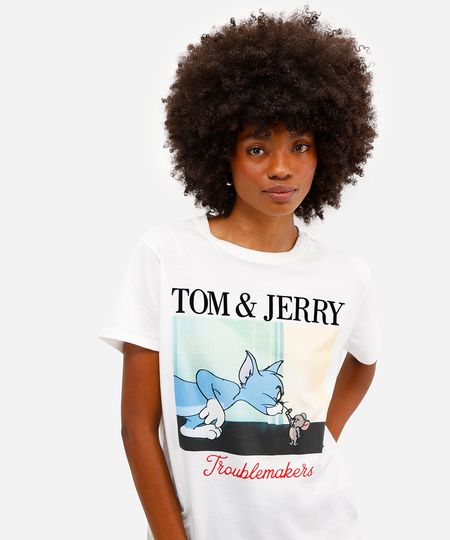 camiseta feminina de algodão tom e jerry off white P