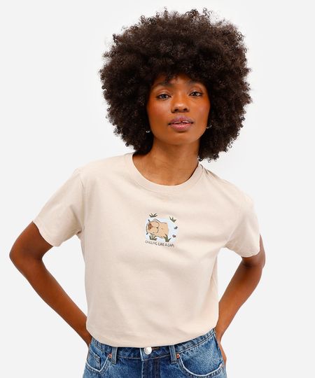 camiseta feminina de algodão capivara bege PP