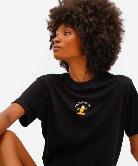 camiseta feminina de algodão peruano i hate mondays garfield preta PP