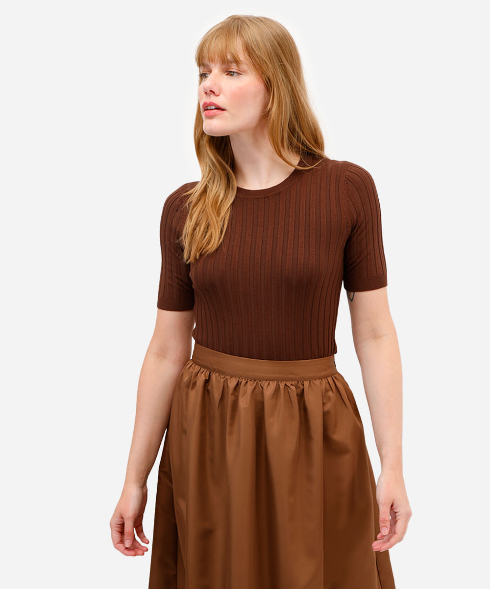 blusa feminina de tricot canelada manga curta marrom