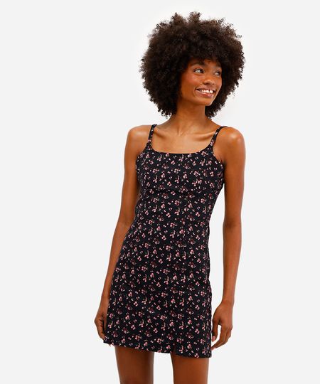 vestido curto feminino de algodão floral com fenda preto PP vestido curto feminino de algodão floral com fenda preto PP