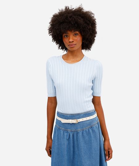 blusa feminina de tricot canelada manga curta azul M