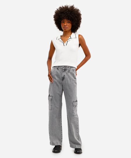 calça cargo feminina jeans cintura média cinza 44