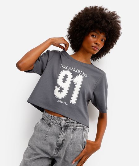cropped feminino de algodão los angeles cinza PP cropped feminino de algodão los angeles cinza PP