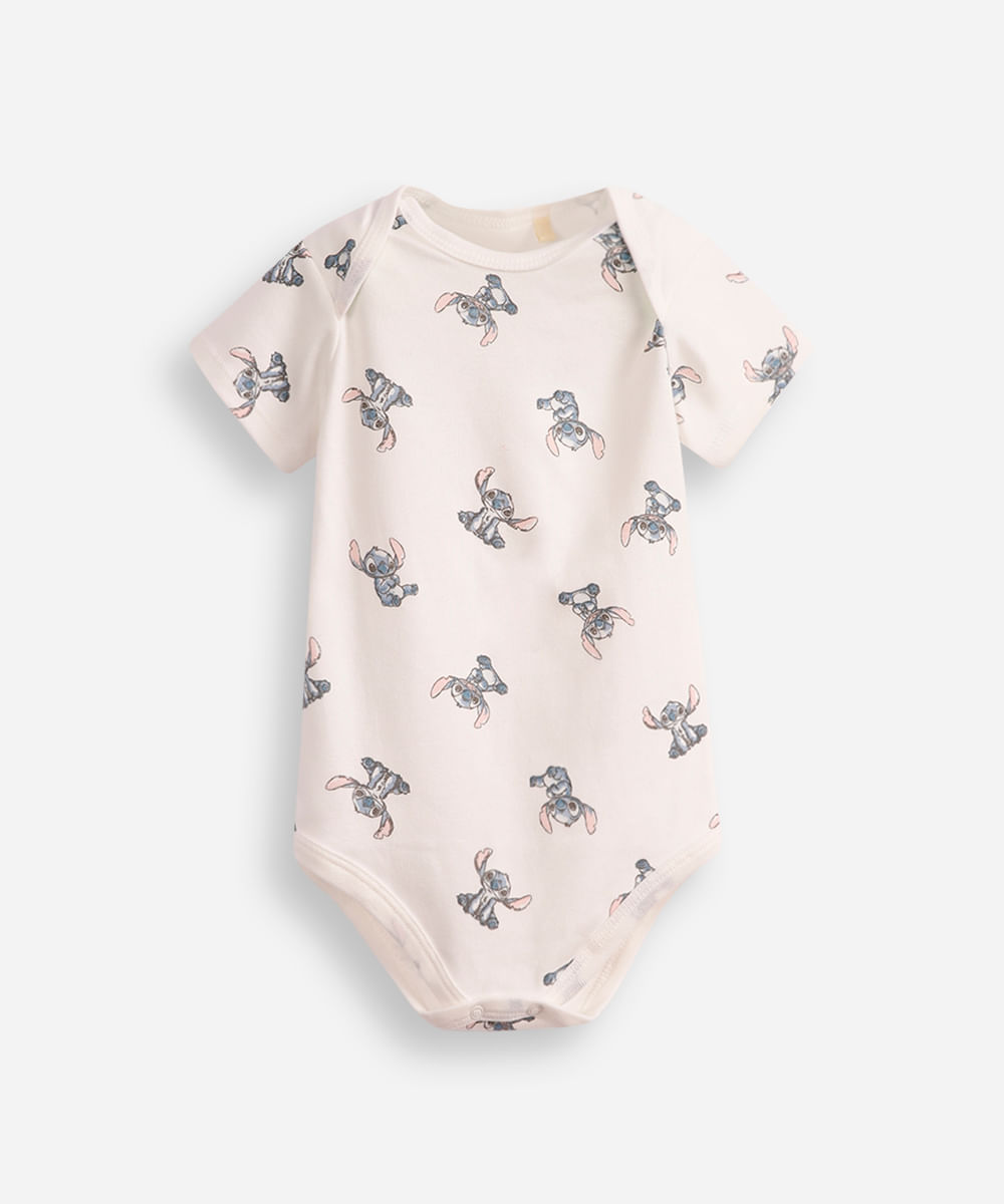 body infantil de algodão manga curta stitch off white