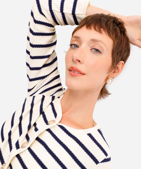 cardigan feminino de tricot listrado com bolsos off white G cardigan feminino de tricot listrado com bolsos off white G