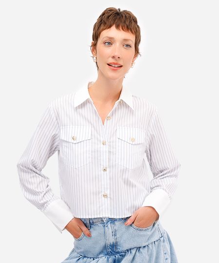 camisa feminina manga longa listrada azul M