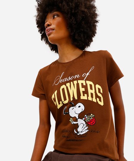 camiseta feminina de algodão manga curta snoopy marrom P