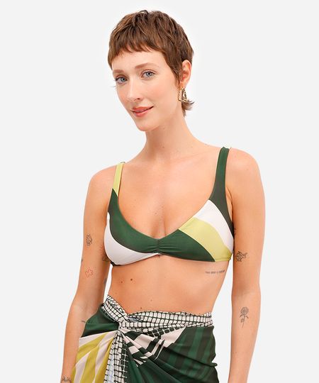 biquíni top triângulo bojo removível abstrato verde M biquíni top triângulo bojo removível abstrato verde M