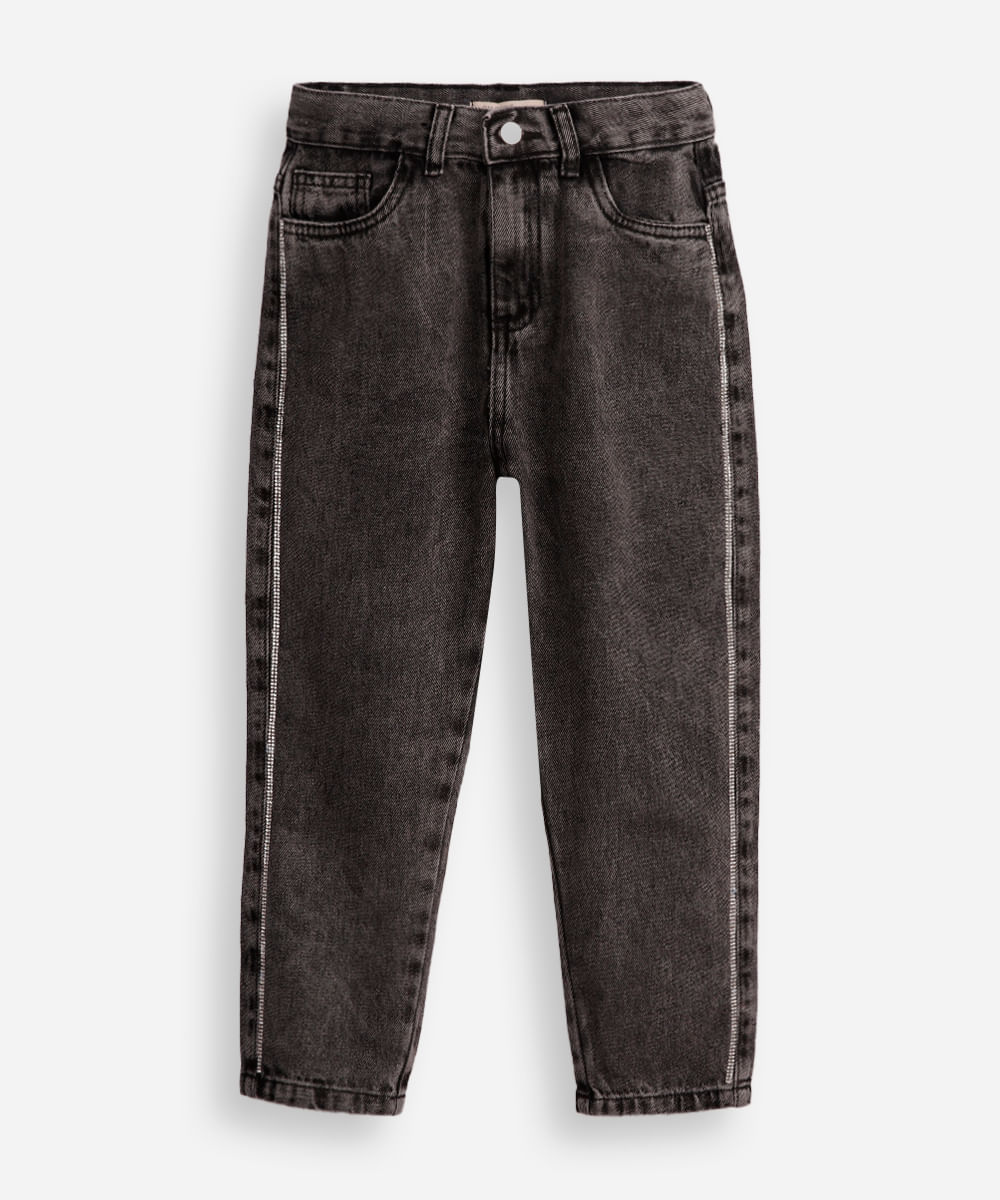 calça mom infantil jeans com strass preta