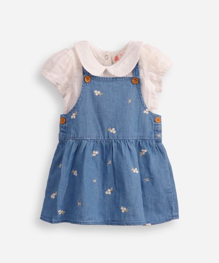 salopete jeans infantil com body floral azul 6-9