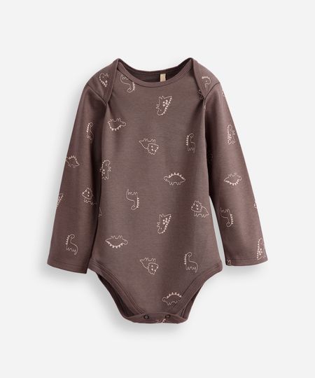 body infantil de algodão manga longa dinossauros cinza 6-9