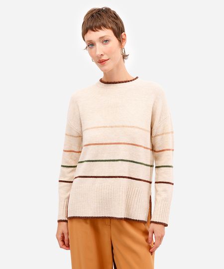 suéter feminino de tricot listrado com fendas bege PP