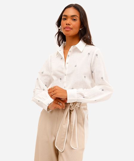 camisa feminina de algodão coqueiros manga longa off white GG
