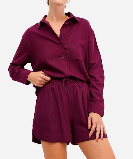 short feminino com linho cós elástico com fendas roxo P