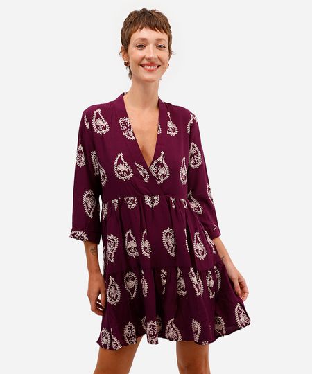 vestido curto feminino de viscose paisley roxo P