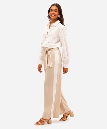 calça pantalona feminina com linho e faixa bege 38 calça pantalona feminina com linho e faixa bege 38