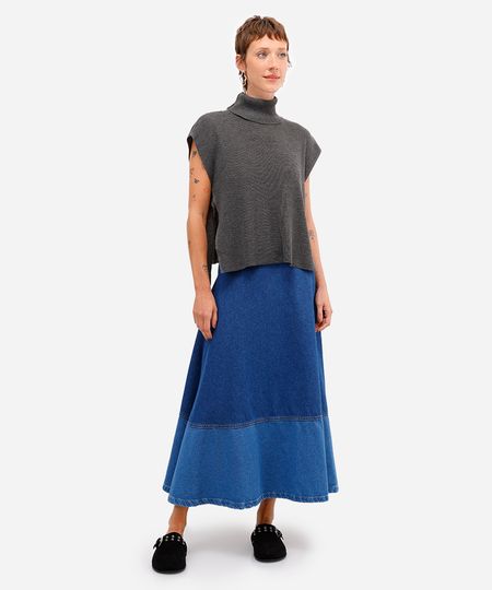 saia midi evasê feminina jeans com recorte azul 40 saia midi evasê feminina jeans com recorte azul 40