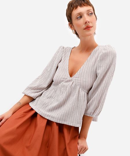 bata feminina manga bufante texturizada listrada marrom M bata feminina manga bufante texturizada listrada marrom M