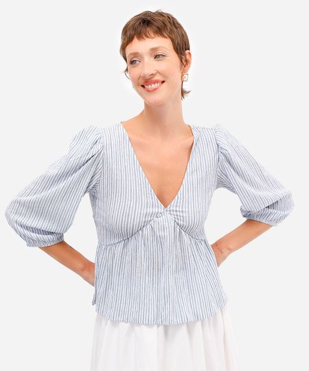 bata feminina manga bufante texturizada listrada azul M bata feminina manga bufante texturizada listrada azul M