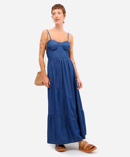 vestido longo feminino jeans com recorte azul PP