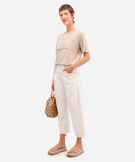 calça barrel feminina de sarja cintura alta bege 34