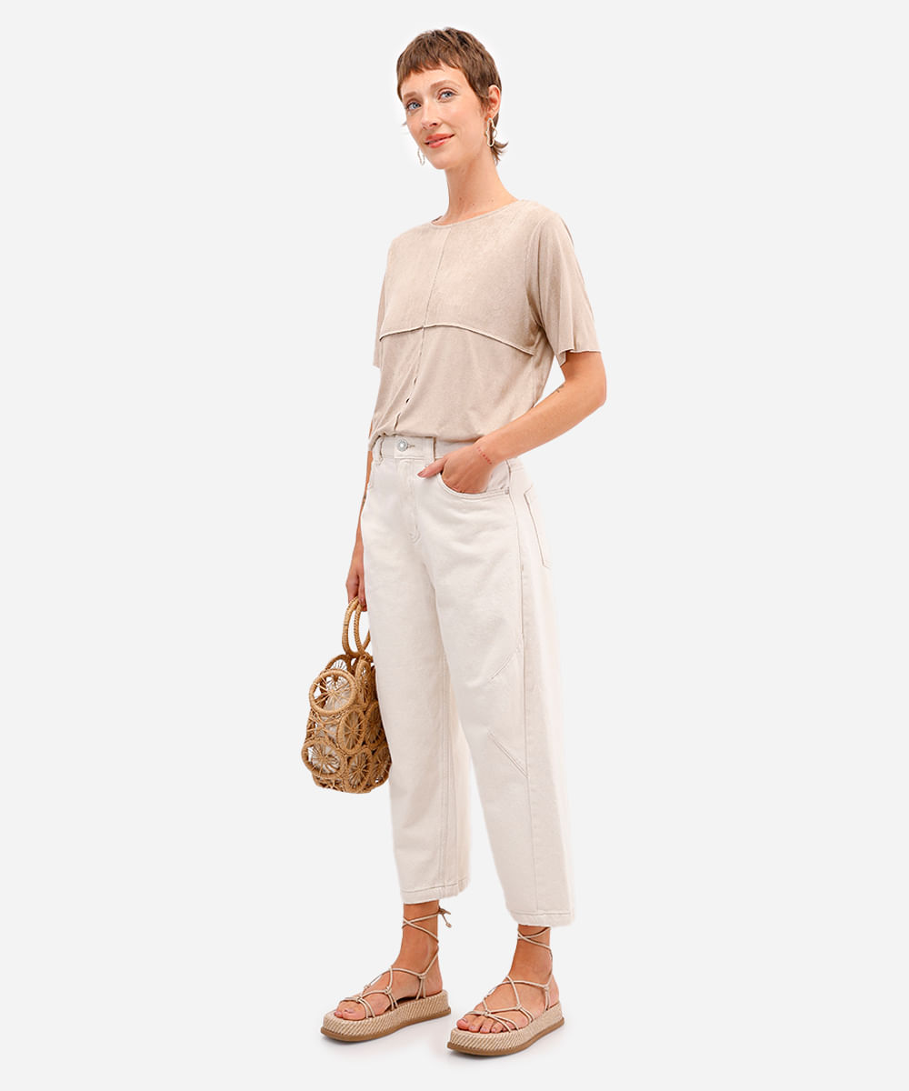 calça barrel feminina de sarja cintura alta bege