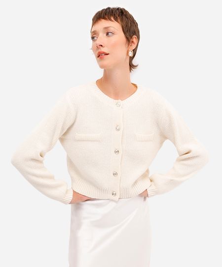 cardigan feminino de tricot bicolor off white PP