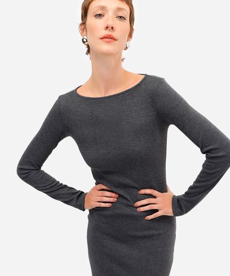 vestido midi feminino manga longa texturizado cinza P vestido midi feminino manga longa texturizado cinza P