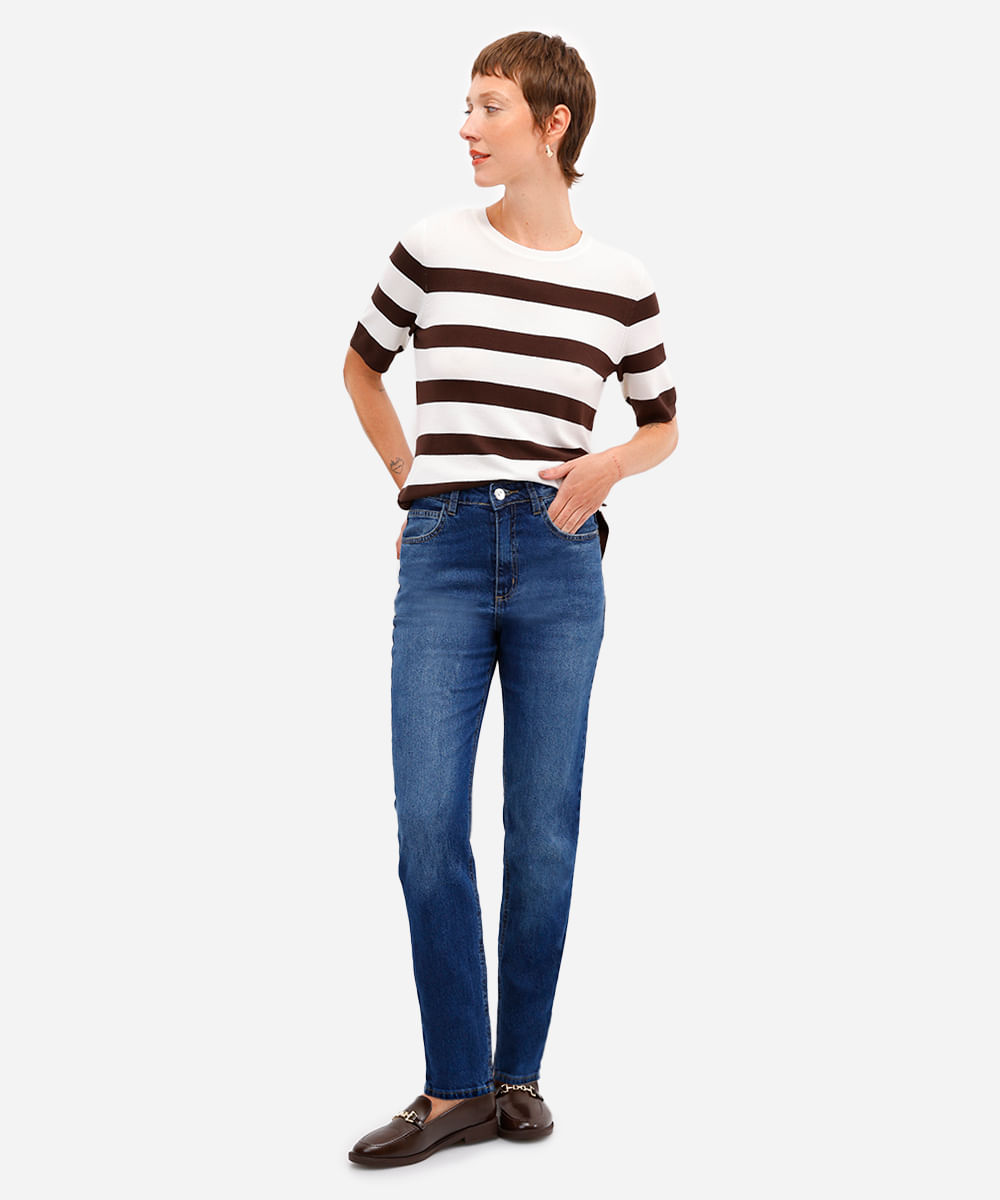 calça mom feminina jeans cintura alta azul