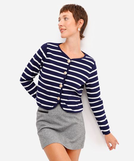 cardigan feminino de tricot listrado com bolsos azul M