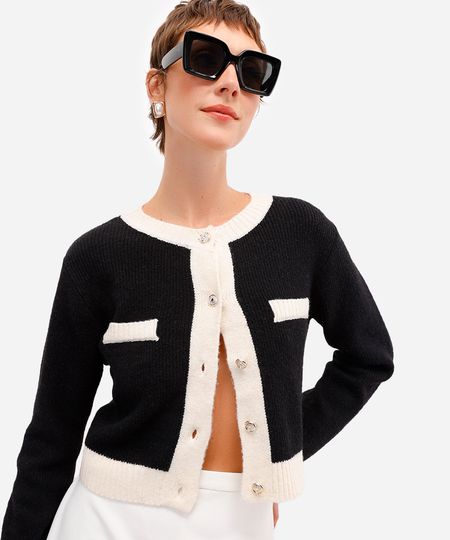 cardigan feminino de tricot bicolor preto M