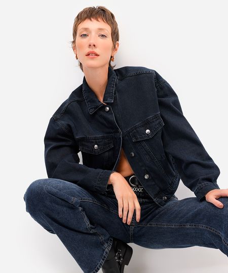 jaqueta feminina jeans com pregas azul GG